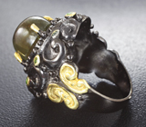 Серебряное кольцо с кабошоном зеленого сапфира и диопсидами Серебро 925