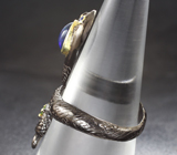 Серебряное кольцо с кристаллическим черным опалом, диопсидами и синими сапфирами Серебро 925