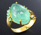 Золотое кольцо с крупным кабошоном уральского изумруда 13,6 карата, ограненными изумрудами и бриллиантами! Уникальная зональность Золото