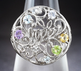 Ажурное серебряное кольцо с аметистом, перидотом, цитрином и голубыми топазами
