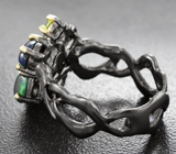 Серебряное кольцо с кристаллическими черными опалами и перидотами Серебро 925