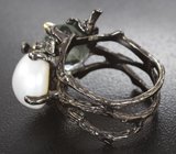 Серебряное кольцо с жемчужиной и зеленым аметистом
