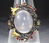 Серебряное кольцо с розовым кварцем, родолитами и ограненными эфиопскими опалами Серебро 925
