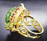 Эксклюзив! Золотое кольцо с крупным ярко-зеленым турмалином, уральскими демантоидами гранатами, синими сапфирами, шпинелями, пурпурно-розовыми турмалинами и бриллиантами Золото