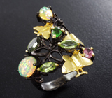 Серебряное кольцо с кристаллическим эфиопскими опалами, перидотами, диопсидом и розовым турмалином Серебро 925