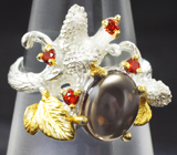 Серебряное кольцо с дымчатым кварцем и альмандинами гранатами Серебро 925