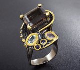 Серебряное кольцо с дымчатым кварцем, аметистом, голубым топазом и синими сапфирами Серебро 925
