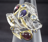 Серебряное кольцо с иолитом, родолитами, васильковыми и синими сапфирами Серебро 925