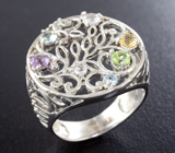 Ажурное серебряное кольцо с перидотом, аметистом, цитрином, голубыми и бесцветными топазами Серебро 925