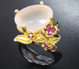 Серебряное кольцо с розовым кварцем, турмалином и родолитами