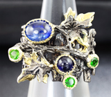 Серебряное кольцо с синими сапфирами и диопсидами Серебро 925