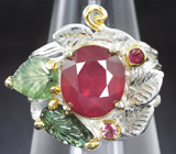 Серебряное кольцо с рубином 6,6 карата и резными турмалинами Серебро 925