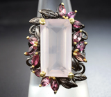 Серебряное кольцо с розовым кварцем 20+ карат, родолитами и розовыми сапфирами Серебро 925