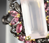 Серебряное кольцо с розовым кварцем 20+ карат, родолитами и розовыми сапфирами Серебро 925