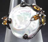 Серебряное кольцо с жемчужиной барокко и разноцветными турмалинами