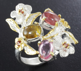 Серебряное кольцо с разноцветными турмалинами и альмандинами гранатами
