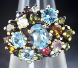 Серебряное кольцо с голубыми топазами и разноцветными турмалинами Серебро 925