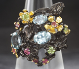Серебряное кольцо с голубыми топазами, перидотами и розовыми турмалинами Серебро 925