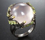 Серебряное кольцо с розовым кварцем 25+ карат и перидотами Серебро 925