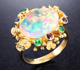 Золотое кольцо с топовым ограненным эфиопским опалом 2,96 карата, разноцветными сапфирами и цаворитами