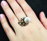 Серебряное кольцо с жемчужиной, турмалином, цитринами и перидотами