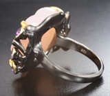 Серебряное кольцо c резным розовым кварцем 24+ карат и аметистами Серебро 925