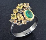 Серебряное кольцо с изумрудом высоких характеристик и разноцветными сапфирами