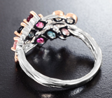 Оригинальное серебряное кольцо с родолитами, насыщенно-синими топазами и розовыми турмалинами Серебро 925