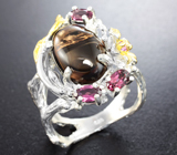 Серебряное кольцо с дымчатым кварцем и родолитами