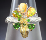 Серебряное кольцо с кристаллическими эфиопскими опалами и диопсидами Серебро 925