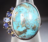 Серебряное кольцо с бирюзой 16,6 карата, танзанитом и синими сапфирами