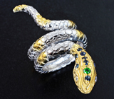 Скульптурное серебряное кольцо «Змейка» с диопсидами, танзанитами и синими сапфирами Серебро 925
