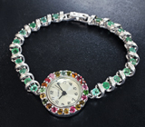 Часы с разноцветными турмалинами на серебряном браслете с изумрудами Серебро 925
