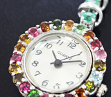 Часы с разноцветными турмалинами на серебряном браслете с изумрудами Серебро 925