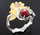 Серебряное кольцо cо звездчатым рубином, розовым и желтым турмалинами Серебро 925