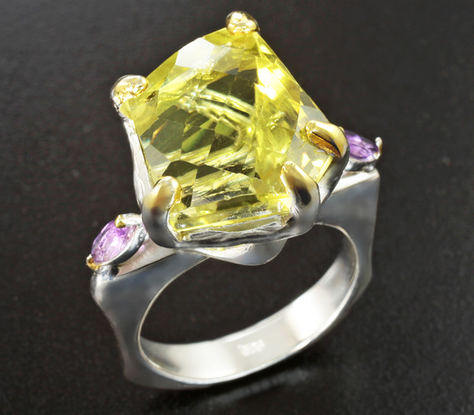 Серебряное кольцо с лимонным цитрином авторской огранки и аметистами