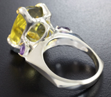 Серебряное кольцо с лимонным цитрином авторской огранки и аметистами Серебро 925