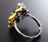 Серебряное кольцо с ограненными черными опалами 2,79 карата, желтым турмалином, оранжевым сапфиром и цаворитами гранатами Серебро 925