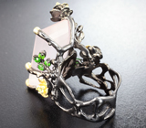 Серебряное кольцо с розовым кварцем 26+ карат, диопсидами и перидотами