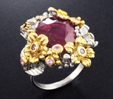 Серебряное кольцо с рубином и розовыми сапфирами Серебро 925