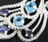 Крупные ажурные серебряные серьги с синими сапфирами и голубыми топазами