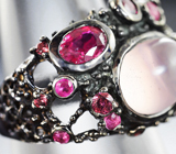 Черненое серебряное кольцо с розовым кварцем, рубинами и родолитами Серебро 925
