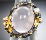 Серебряное кольцо с розовым кварцем, жемчужиной, розовыми турмалинами, родолитом и альмандинами гранатами