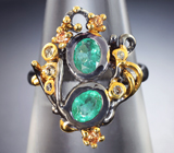 Серебряное кольцо с изумрудами высоких характеристик и разноцветными сапфирами Серебро 925