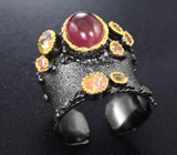 Серебряное кольцо с розовым сапфиром, кристаллическими эфиопскими опалами, цитринами и турмалинами Серебро 925