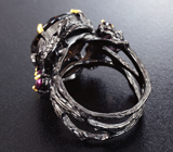 Серебряное кольцо с дымчатым кварцем, аметистом и родолитами