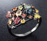Праздничное серебряное кольцо с черным опалом и разноцветными сапфирами Серебро 925