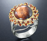 Серебряное кольцо с солнечным камнем и альмандинами гранатами Серебро 925