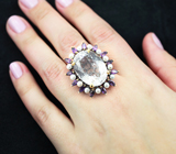 Серебряное кольцо с бесцветным кварцем 35+ карат, жемчугом и аметистами Серебро 925
