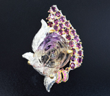 Серебряная брошь с резным аметрином, родолитами и пурпурно-розовыми сапфирами Серебро 925